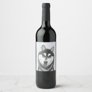 Siberian Husky (Black and White) Painting Dog Art Wine Label