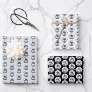 Siberian Husky (Black and White) Painting Dog Art Wrapping Paper Sheet