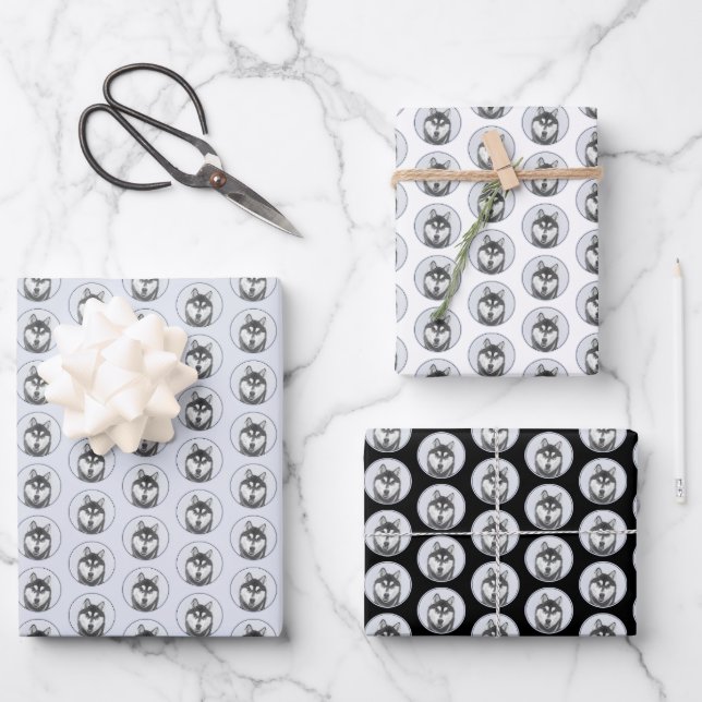 Siberian Husky (Black and White) Painting Dog Art Wrapping Paper Sheet (Front)