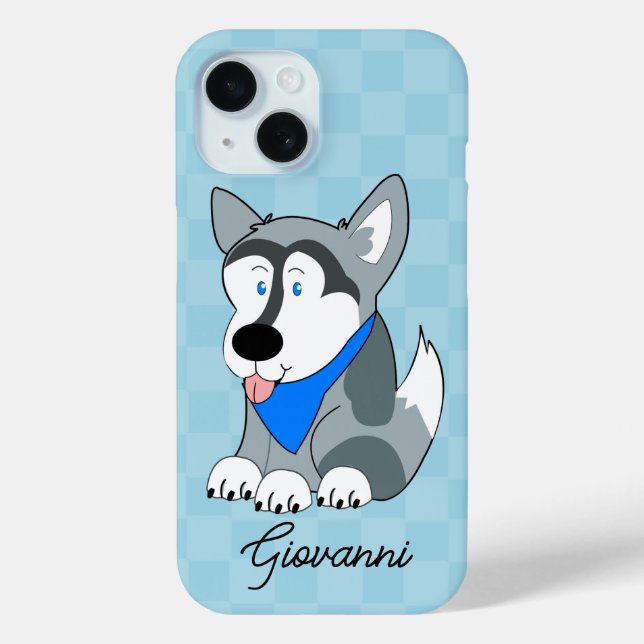Siberian Husky Blue Chequered Personalized Dog Case-Mate iPhone Case (Back)