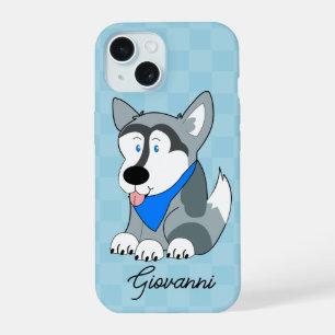 Siberian Husky Blue Chequered Personalized Dog iPhone 15 Case