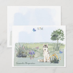 Siberian Husky Butterfly Meadow Monogram & Name Card