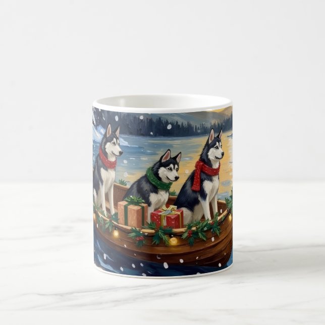 Siberian Husky Christmas Boat Holiday Coffee Mug (Center)