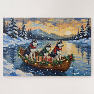 Siberian Husky Christmas Boat Holiday Jigsaw Puzzle