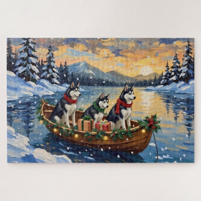 Siberian Husky Christmas Boat Holiday Jigsaw Puzzle (Horizontal)