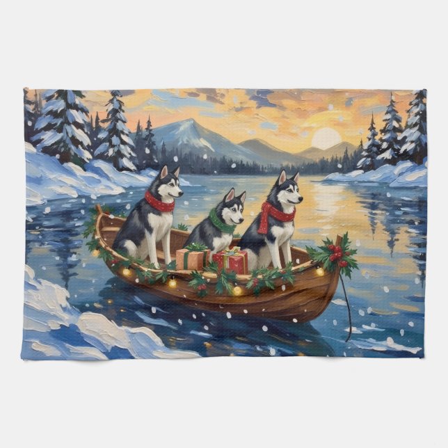 Siberian Husky Christmas Boat Holiday Kitchen Towel (Horizontal)