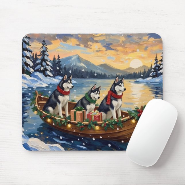 Siberian Husky Christmas Boat Holiday Mouse Pad (With Mouse)