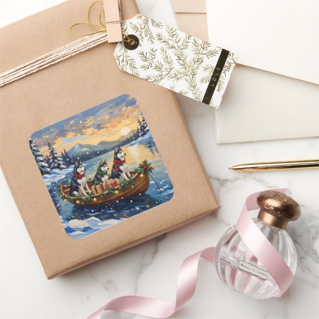 Siberian Husky Christmas Boat Holiday Square Sticker (Gifting)