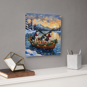 Siberian Husky Christmas Boat Holiday Square Wall Clock