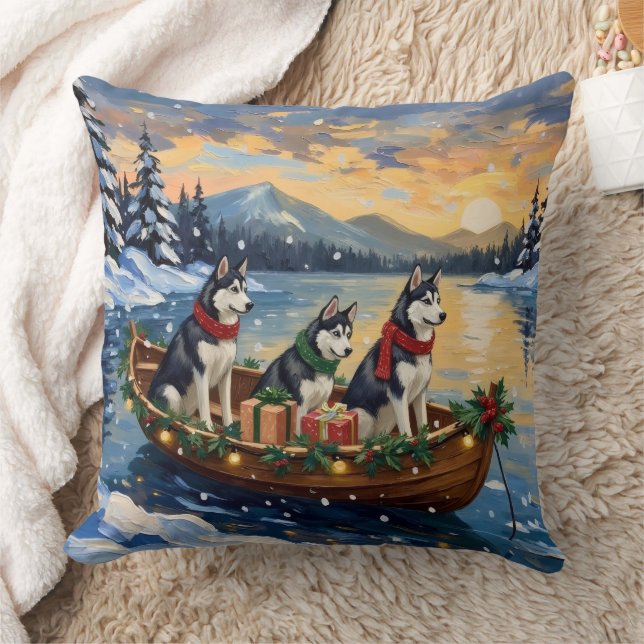 Siberian Husky Christmas Boat Holiday Throw Pillow (Blanket)
