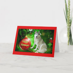 Siberian Husky Christmas Card Red Ball Green