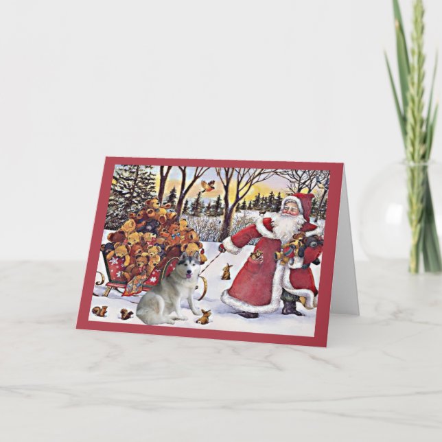 Siberian Husky Christmas Card Santa Bears (Front)