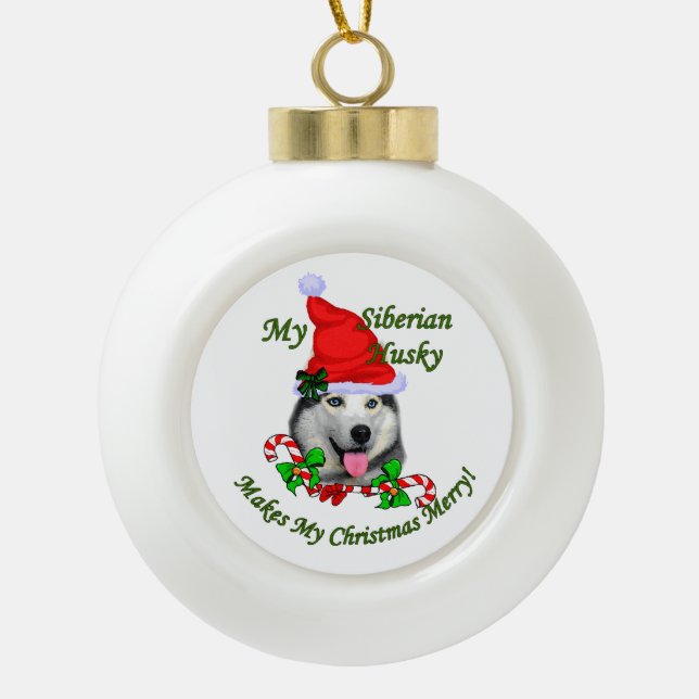 Siberian Husky Christmas Ceramic Ball Christmas Ornament (Front)