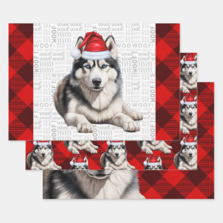 Siberian Husky Christmas Dog Red Buffalo Plaid Wrapping Paper Sheet
