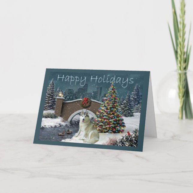 Siberian Husky Christmas Evening Holiday Card (Front)