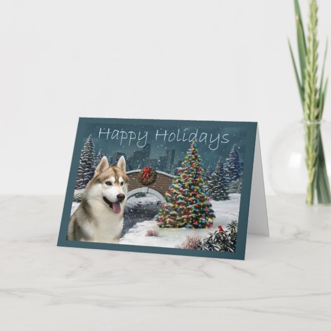 Siberian Husky Christmas Evening Holiday Card (Front)