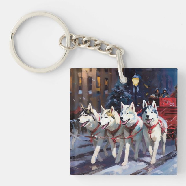 Siberian Husky Christmas Festive Season  Keychain (Front)