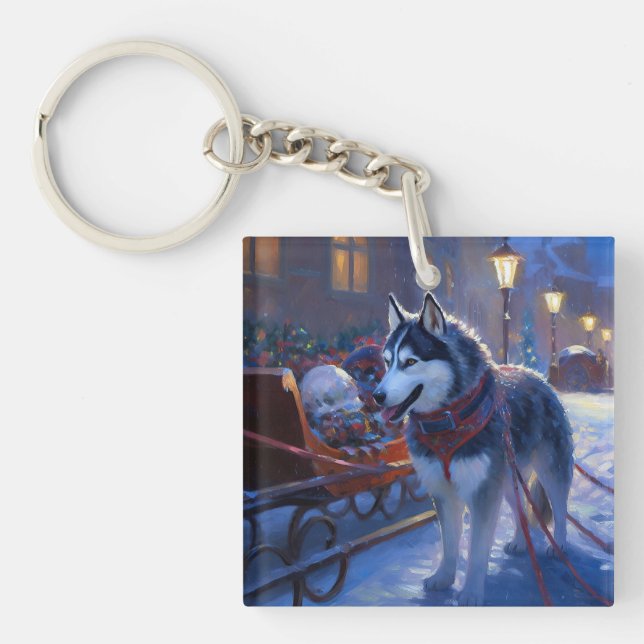Siberian Husky Christmas Festive Season Keychain (Front)
