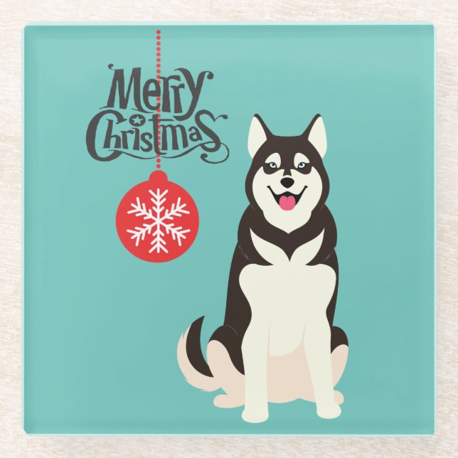 Siberian Husky Christmas  Glass Coaster (Front)