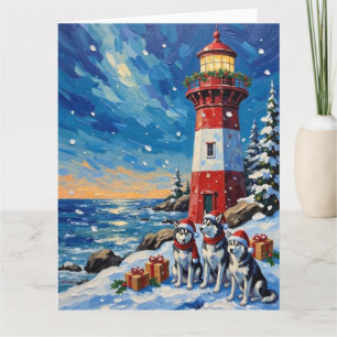 Siberian Husky Christmas Lighthouse Holiday Card