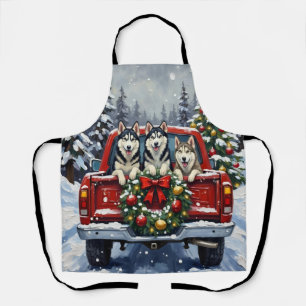 Siberian Husky Christmas Red Truck Holiday Apron