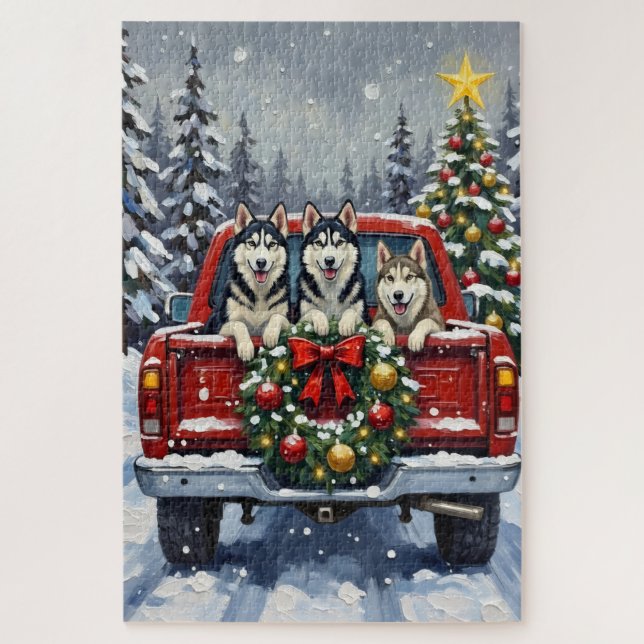 Siberian Husky Christmas Red Truck Holiday Jigsaw Puzzle (Vertical)