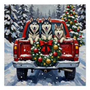 Siberian Husky Christmas Red Truck Holiday Poster