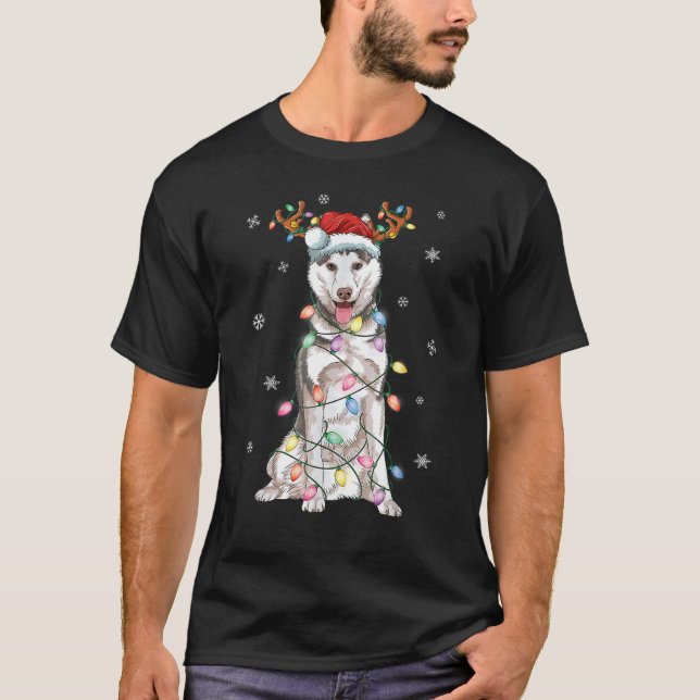 Siberian Husky Christmas Reindeer Santa Hat  Dog T-Shirt (Front)
