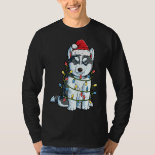 Siberian Husky Christmas Santa Hat Xmas Lights Bo T-Shirt