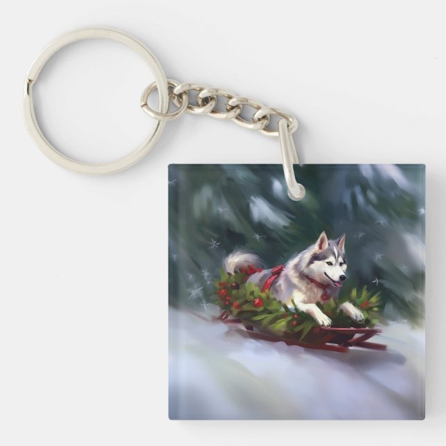 Siberian Husky Christmas snow winter Keychain (Front)