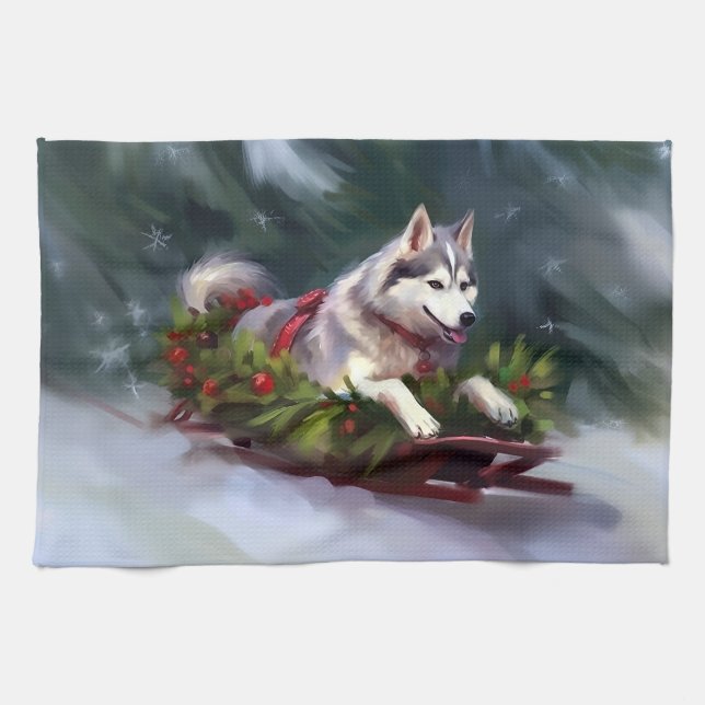 Siberian Husky Christmas snow winter Kitchen Towel (Horizontal)