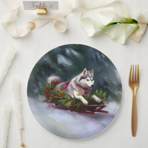 Siberian Husky Christmas snow winter Paper Plate