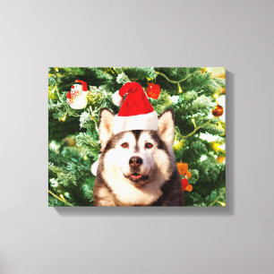 Siberian Husky Christmas Tree Ornaments Snowman Canvas Print