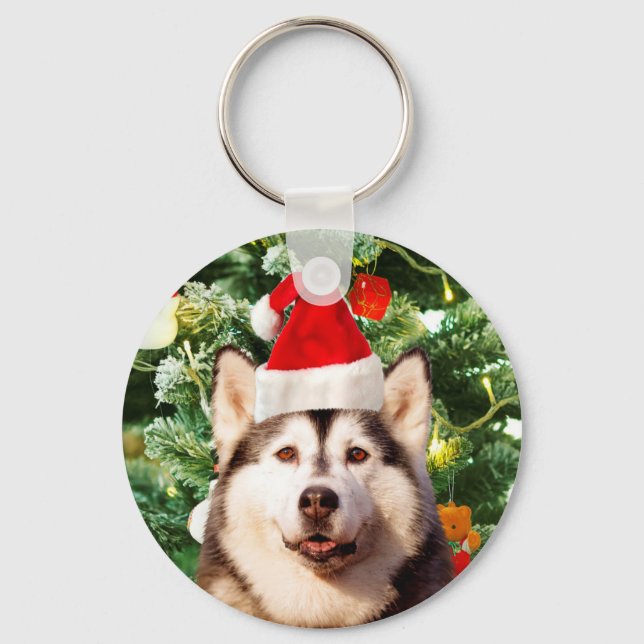 Siberian Husky Christmas Tree Ornaments Snowman Keychain (Front)