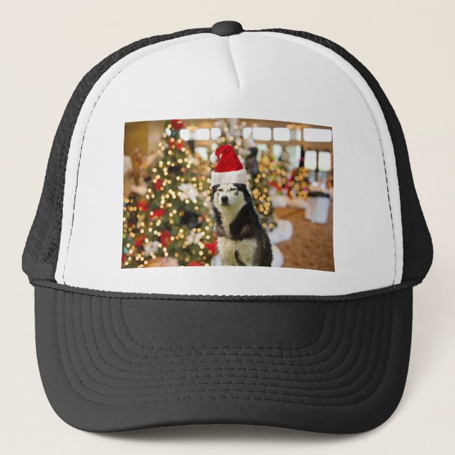 Siberian Husky Christmas Tree Tees Tshirt Trucker Hat (Front)