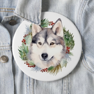 Siberian Husky Christmas Wreath Festive Pup 6 Inch Round Button