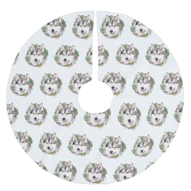 Siberian Husky Christmas Wreath Festive Pup  Brushed Polyester Tree Skirt (Front)