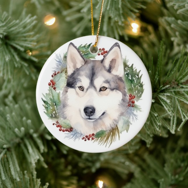 Siberian Husky Christmas Wreath Festive Pup  Ceramic Ornament (Tree)