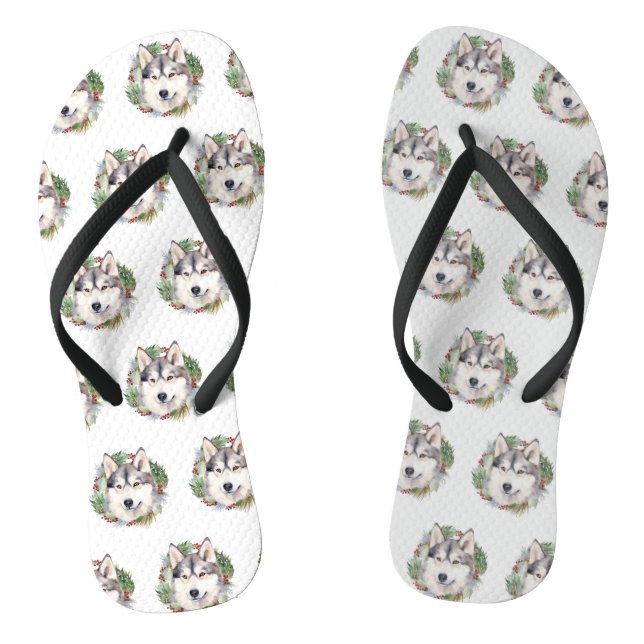 Siberian Husky Christmas Wreath Festive Pup  Flip Flops (Footbed)