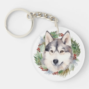 Siberian Husky Christmas Wreath Festive Pup  Keychain