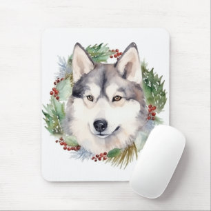 Siberian Husky Christmas Wreath Festive Pup Mouse Pad