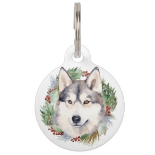 Siberian Husky Christmas Wreath Festive Pup  Pet Tag
