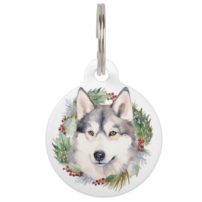 Siberian Husky Christmas Wreath Festive Pup  Pet Tag (Front)