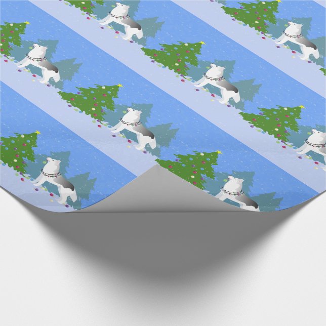 Siberian Husky Decorating Christmas Tree -Forest Wrapping Paper (Corner)