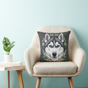Siberian Husky Dog And Mountain Laurel Flowers  Throw Pillow