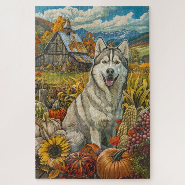 Siberian Husky Dog Autumn Harvest Thanksgiving Jigsaw Puzzle (Vertical)