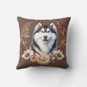 Siberian Husky Dog Autumn Wreath Throw Pillow