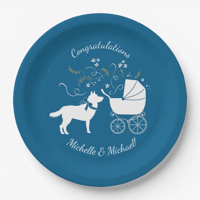 Siberian Husky Dog Baby Shower Puppy Blue Boy Paper Plate (Front)