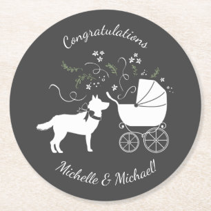Siberian Husky Dog Baby Shower Puppy Grey Round Paper Coaster