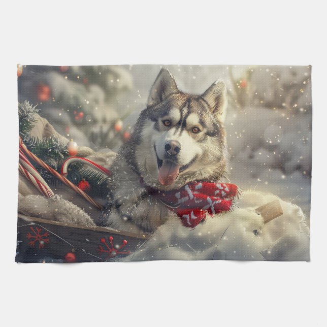 Siberian Husky Dog Christmas Festive Kitchen Towel (Horizontal)